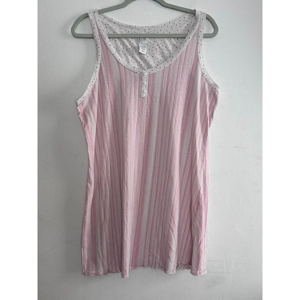 Aria Pink White Striped Henley Nightgown Sleeveless Polka Dot Lace Trim Large